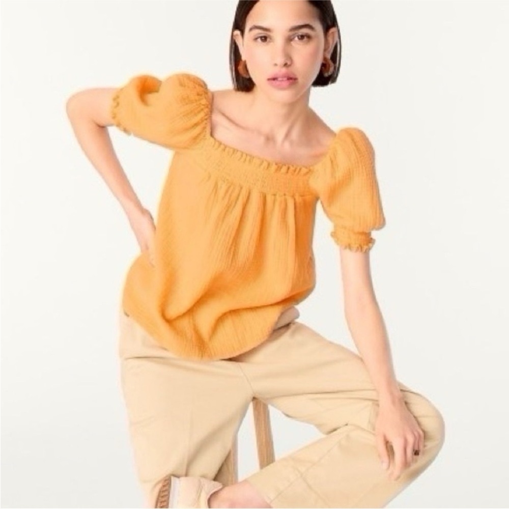 J. Crew Puff Sleeve Sz Small Gauze Apricot Crop Top Squareneck soft Cottagecore